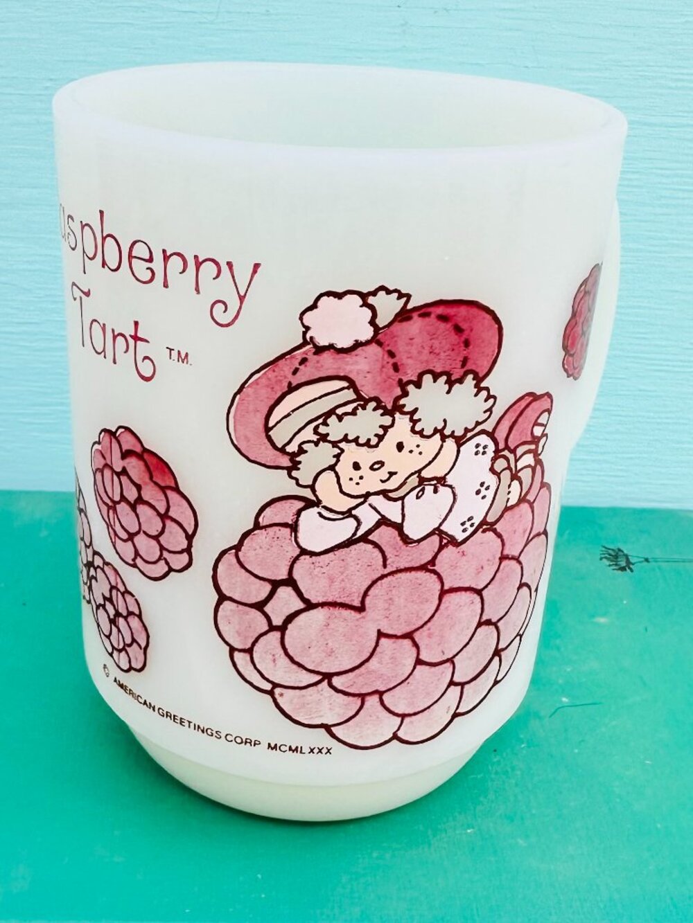 Vintage 80s Raspberry Tart Coffee Mug, Milk Glass Strawberry Shortcake Cup Rare